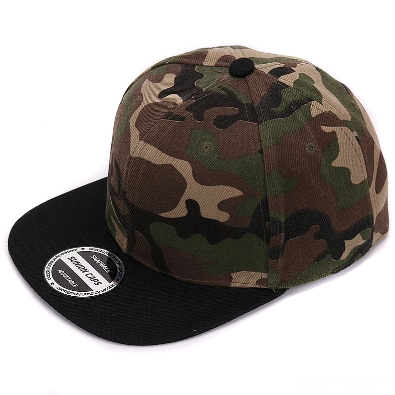 Full woodland camo gothic snapback cap rear three-quarter view with adjustable back closure