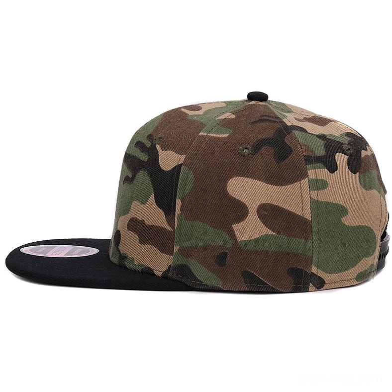 Full woodland camo gothic snapback cap flat lay display front perspective