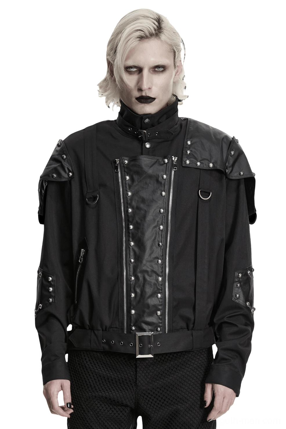Black studded gothic biker jacket front view on model - stand collar and rivet detailing