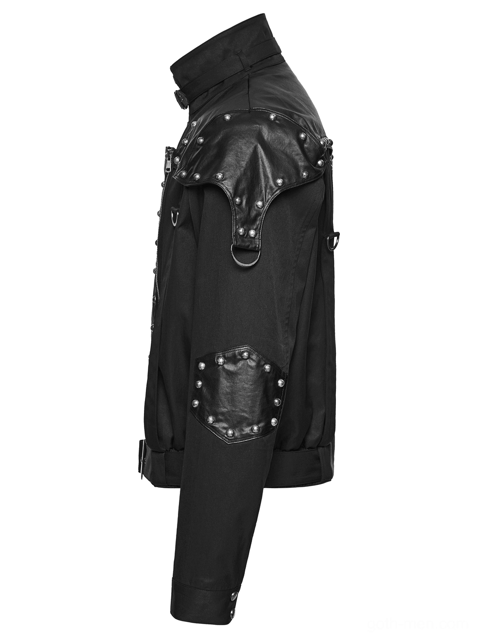 Black studded gothic biker jacket right side view - studded elbow patch and D-ring hardware