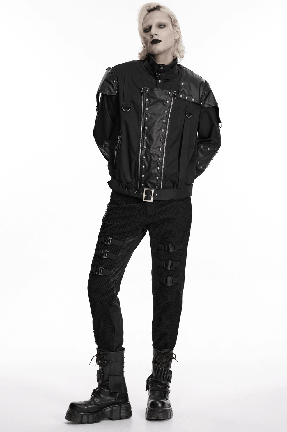 Black studded gothic biker jacket sleeve and cuff detail - distressed studs and elastic trim