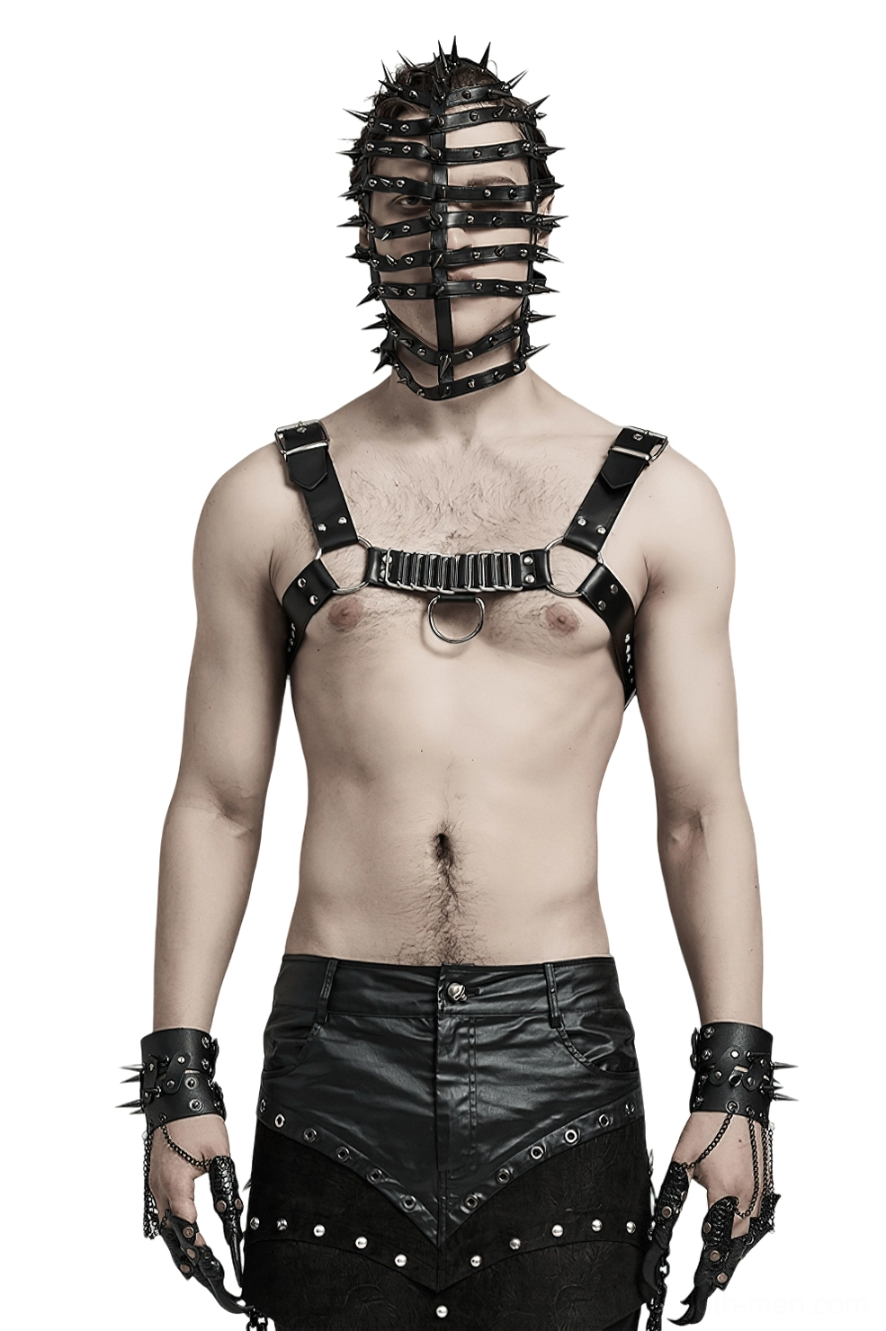 Black gothic chest harness with metal roller loops worn by male model in front full-body studio view