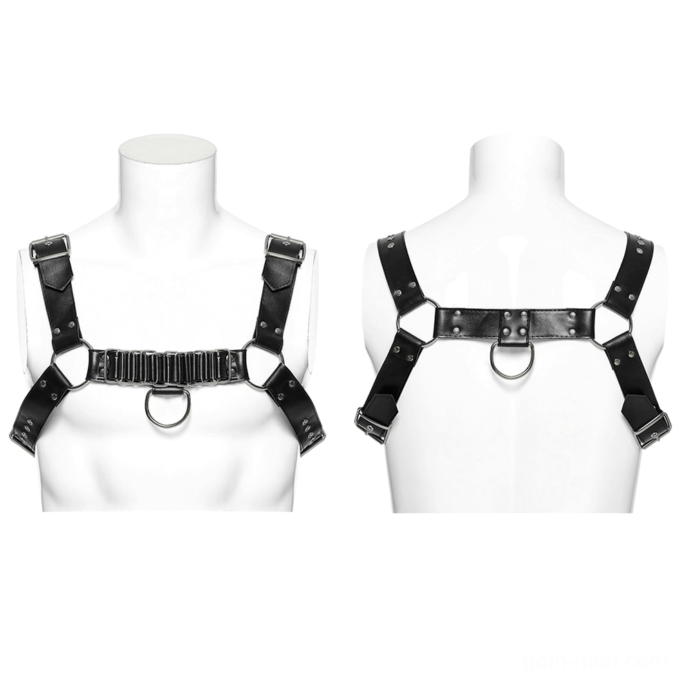 Flat lay display of black gothic chest harness showing front and back construction on mannequin