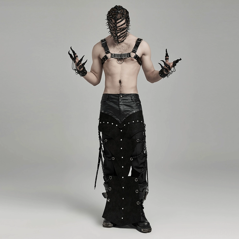 Full styling view of gothic chest harness paired with studded gloves and punk accessories