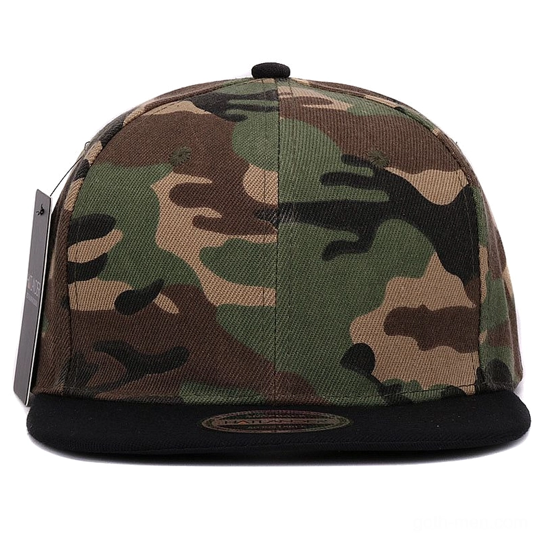 Woodland camo gothic snapback cap rear view showing adjustable strap mechanism