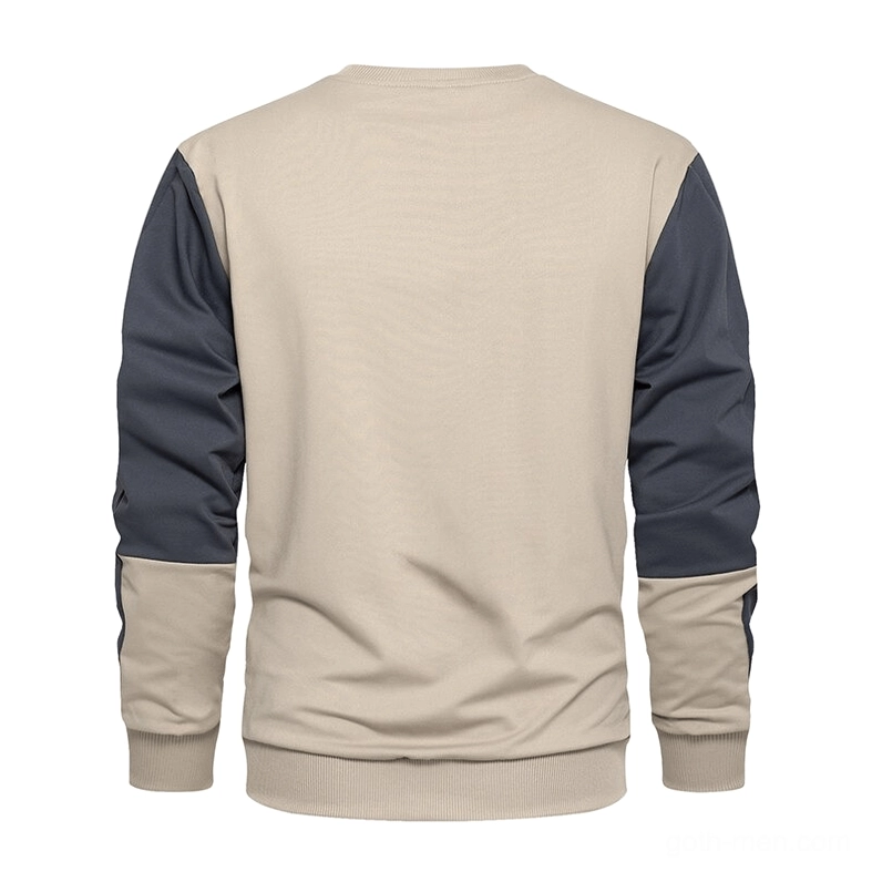 Men's beige and dark gray two-tone sweatshirt rear view showcasing ribbed cuffs and hem construction