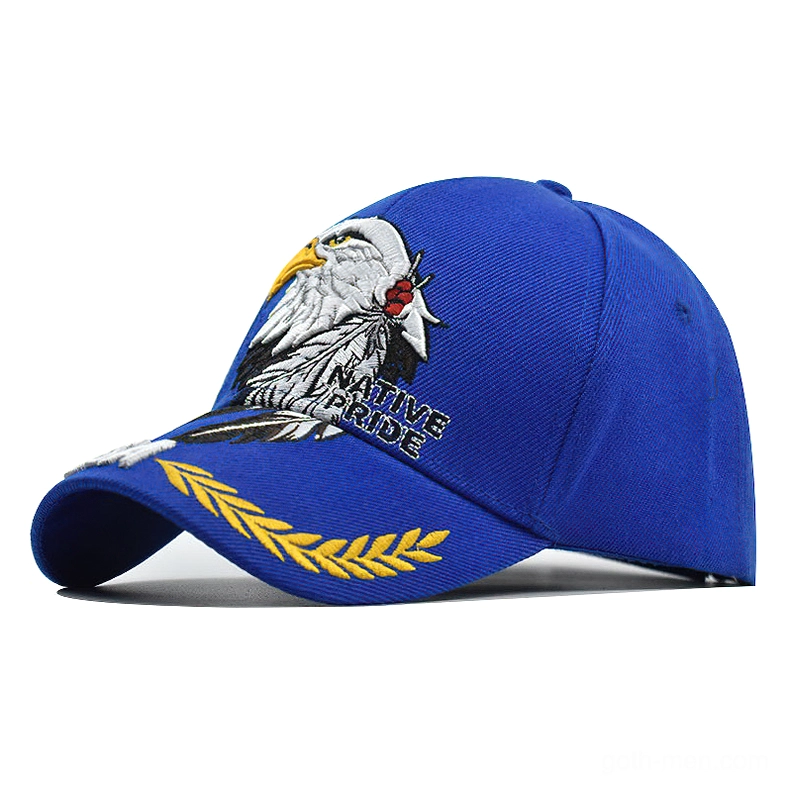 Royal blue gothic eagle embroidered baseball cap with native pride lettering and golden wheat brim accents