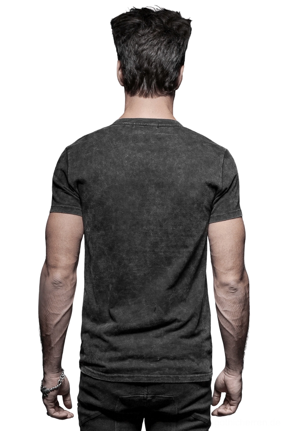 Alternative Punk Rock Harness T-Shirt Rückseite Vollansicht schwarzes gewachtes Stoff Crew Neckline ohne Dekorationen hinten