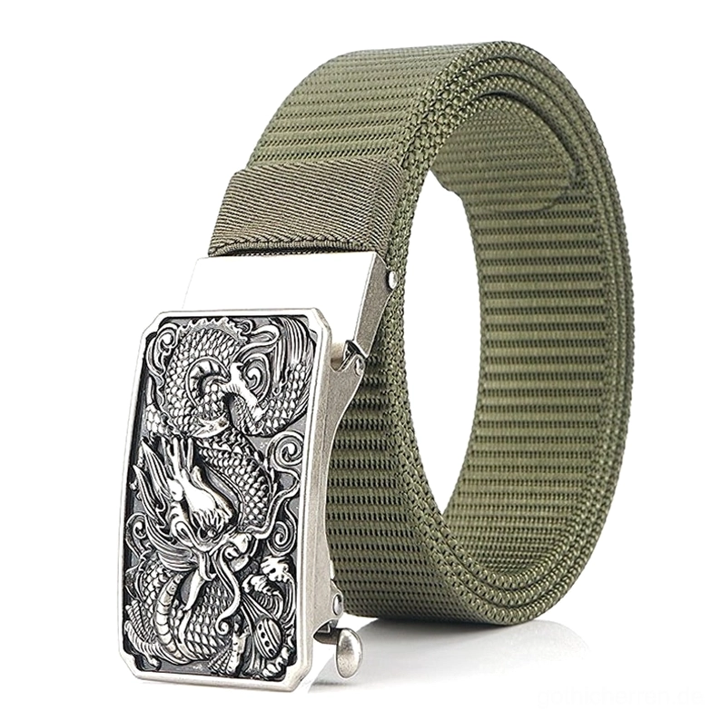 Armeeoliv Gothic Taktik-Drachengürtel Silver Dragon Embossed Buckle Heavy-Duty Nylon Webbing Military Style