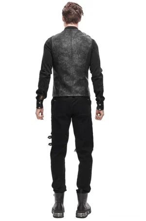 Gothic Lederweste Rückenansicht, asymmetrisches Design mit vollständiger Rückenschnürung und distressiertem PU-Leder-Finish, tailierte Silhouette