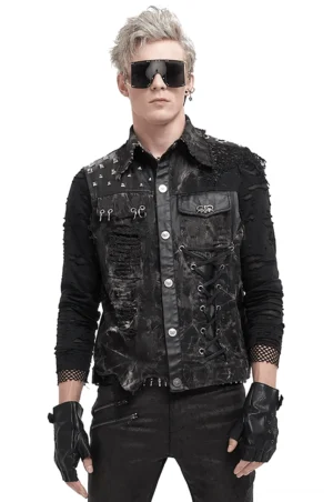 Asymmetrische schwarze Gothic Mesh Weste mit Nieten in Frontansicht, Schnürverschluss und gestudierte Details, zerrissenes Distressed Design