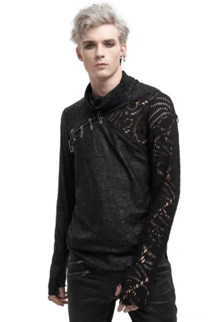 Vorderansicht männliches Modell asymmetrisches gotisches Mesh Longsleeve mit verlängerten Ärmeln, Sicherheitsnadeln-Trim und abnehmbarem Armgarter - Industrial Gothic Stil