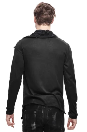 Schwarzes asymmetrisches Gothic-Sweatshirt von hinten auf männlichem Modell, zeigt hohen Drapier-Kragen und asymmetrische Rückenpartie im weißen Studiohintergrund