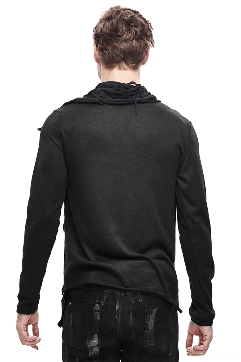 Schwarzes asymmetrisches Gothic-Sweatshirt von hinten auf männlichem Modell, zeigt hohen Drapier-Kragen und asymmetrische Rückenpartie im weißen Studiohintergrund