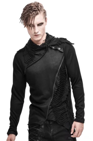 Schwarzes asymmetrisches Gothic-Sweatshirt von vorne auf männlichem Modell, mit hochgestelztem Drapier-Kragen, diagonaler Reißverschluss und Quastendetails im Studioaufnahme