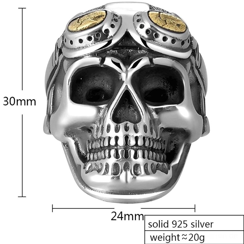 925er Sterlingsilber Aviator Totenkopf Ring Größenvergleich Dimensionen Detail 30mm Höhe Zweifarbig Gold Silber