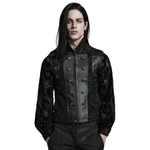 Barock-Gothic Herrenweste Frontansicht mit Stand-Kragen, Kunstlederpanelen und schiere gedruckte Bluse, vollständiger Look auf männlichem Modell, schwarze Damastmuster