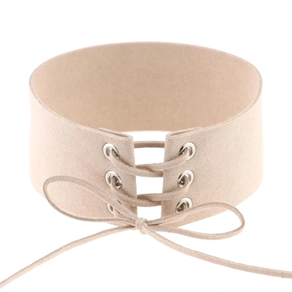 Beige cremefarbenes Velourssamt Halsband mit Metall-Ösen und Schnürung Detail gothic choker accessory