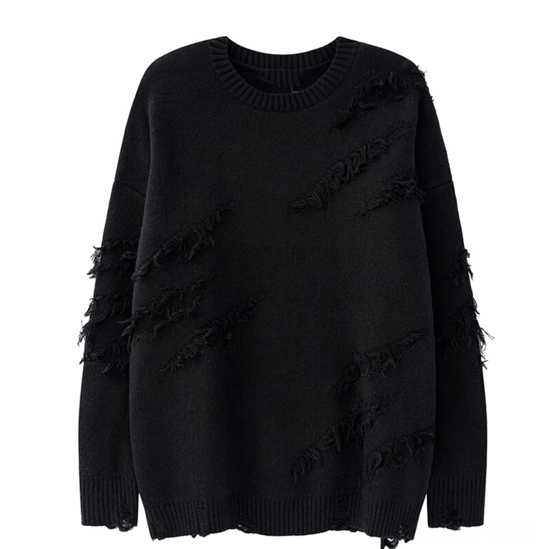 Schwarzer übergroßer zerrissener Gothic Strickpullover Frontalansicht flach ausgelegt mit ausgefranstem Dekorationsmuster gerippter Rundhals kunstvolle Distressing
