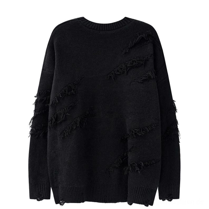 Schwarzer zerrissener Gothic Pulli Rückenansicht flach ausgelegt konsistente Schlitz-Fransen über Rücken und Ärmel Drop-Shoulder Passform