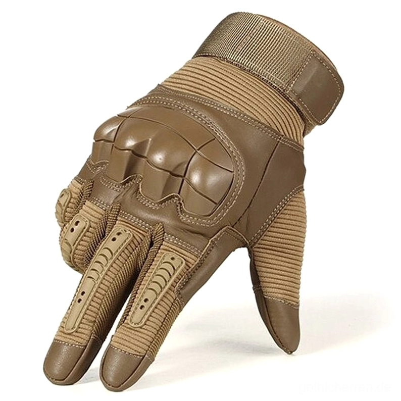 Coyote braune taktische Handschuhe mit verstärkter Knöchelpolsterung, Mischkonstruktion aus Leder und Stoff, Touchscreen-Fingertips Frontalansicht