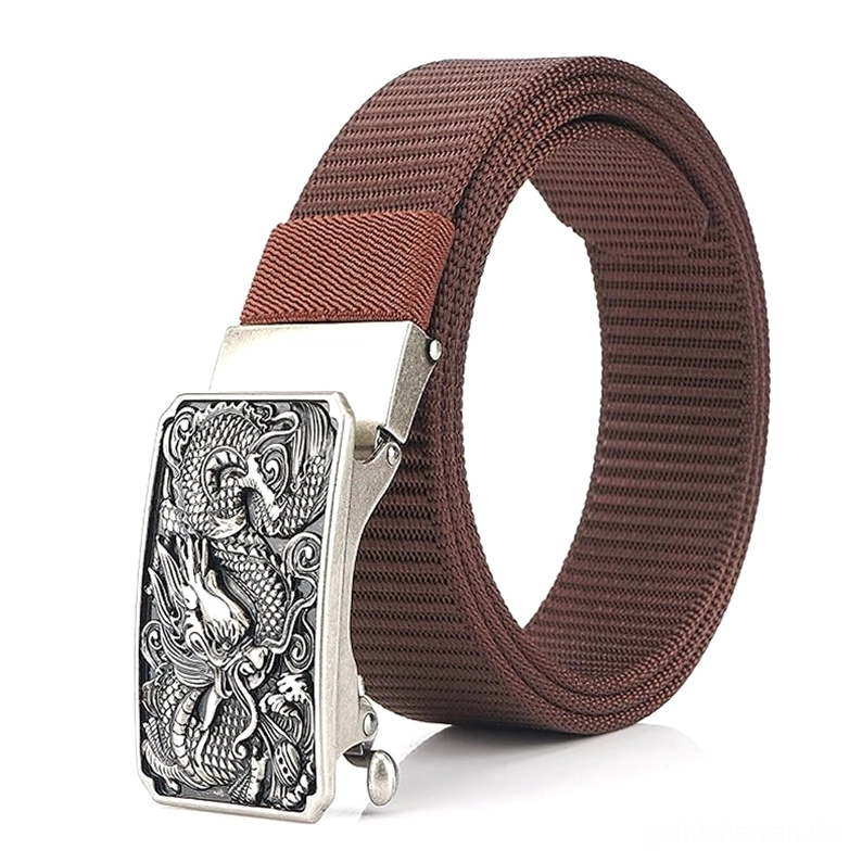 Braun Gothic Military Nylon Drachengürtel Silver Dragon Embossed Buckle Durable Tactical Webbing Construction