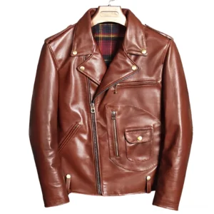 Braune echte Lederjacke in Moto-Stil mit asymmetrischem Reißverschluss, Messing-Hardware und rotem Tartan-Futter, Gothic-Jacke Vorderansicht