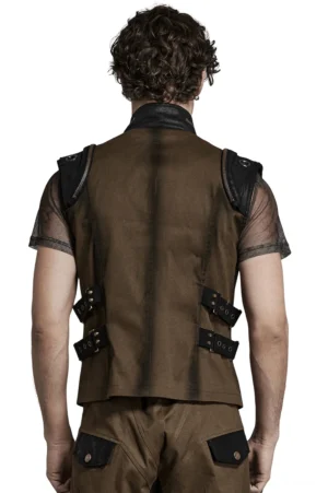 Gothische braune Tactical Weste Rückansicht mit kontrastierenden schwarzen Kunstlederschulterpanelen und vintage Hardware – strukturierte Silhouette von hinten