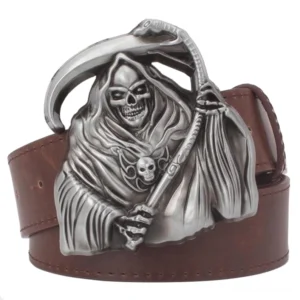 Brauner Gothic Sensenmann Gürtel mit versilberter Schnalle, Overhead-Styling, Dark-Academia Lederaccessoire alternative Fashion