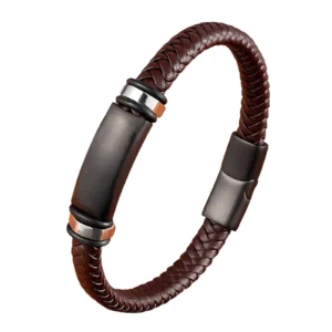 Braunes echtes Leder-Gothic-Armband mit geometrischer Flechtmuster und dunklem Magnetverschluss aus Edelstahl, alternatives Herren-Schmuck-Design