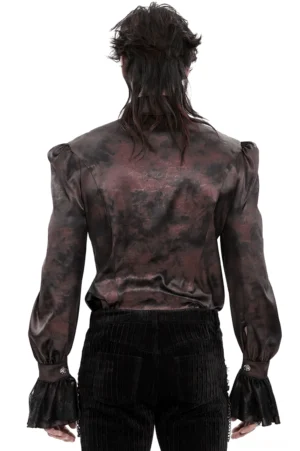 Gothic burgunderrotes Hemd mit Puffärmeln Rückansicht auf Goth Model - gepolsterte Schultern und marmorierte Satin-Stofffläche mit strukturierter Silhouette