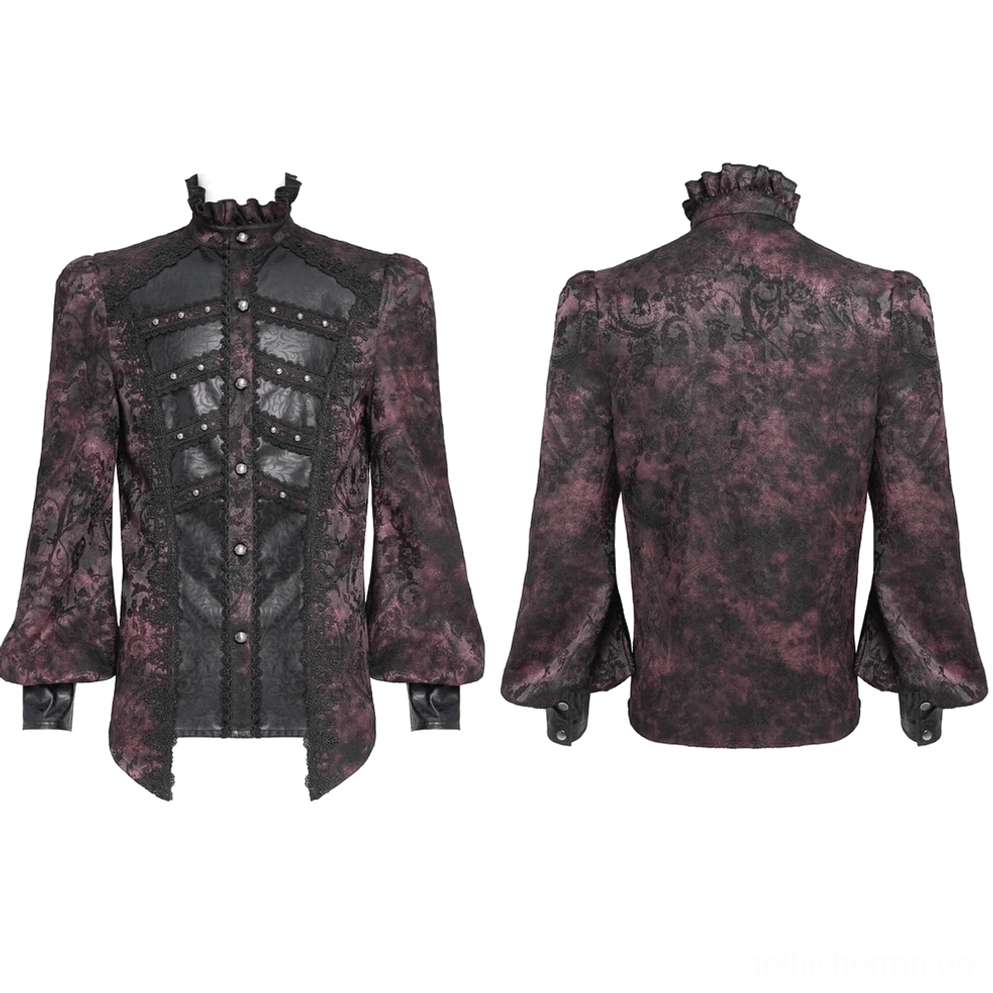 Vorder- und Rückansicht burgundisches gotisches Hemd flach, zeigt marmoriertes Jacquard-Gewebe, Spitzeneinfassung und strukturierte Rüschen