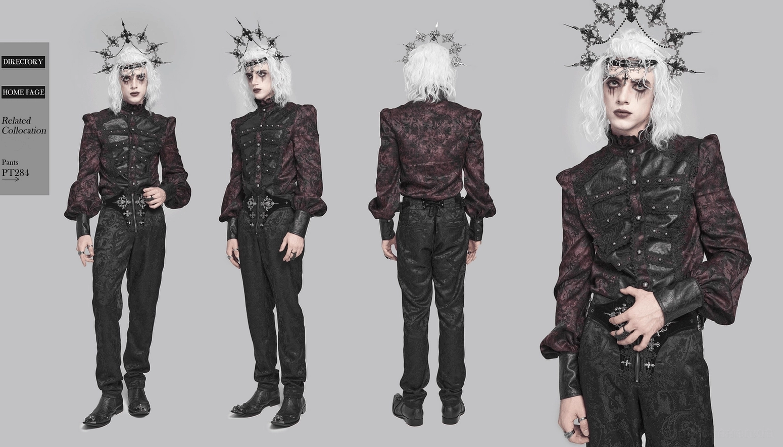 Burgundisches viktorianisches Gothic Hemd mit vollständiger Designansicht von Kragen bis Saum, zeigt alle gotischen Verzierungen und Elemente