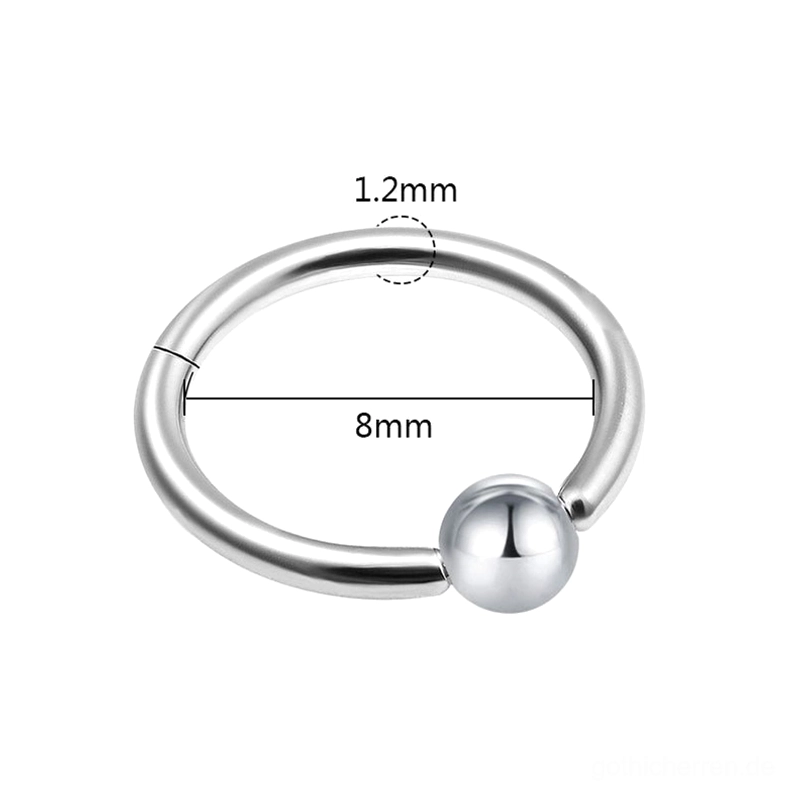 Technische Spezifikationen des silbernen Klicker-Nasenpiercings mit Maßdarstellung – 8mm Durchmesser und 1,2mm Stabdicke für Gothic-Körperschmuck
