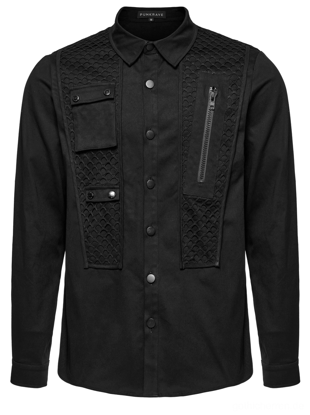 Cyberpunk gotisches Hemd Vorderansicht Flachlage mit Knopfverschluss, quiltierten Mesh-Paneelen und funktionalen Klapptaschen, schwarzes Design Details