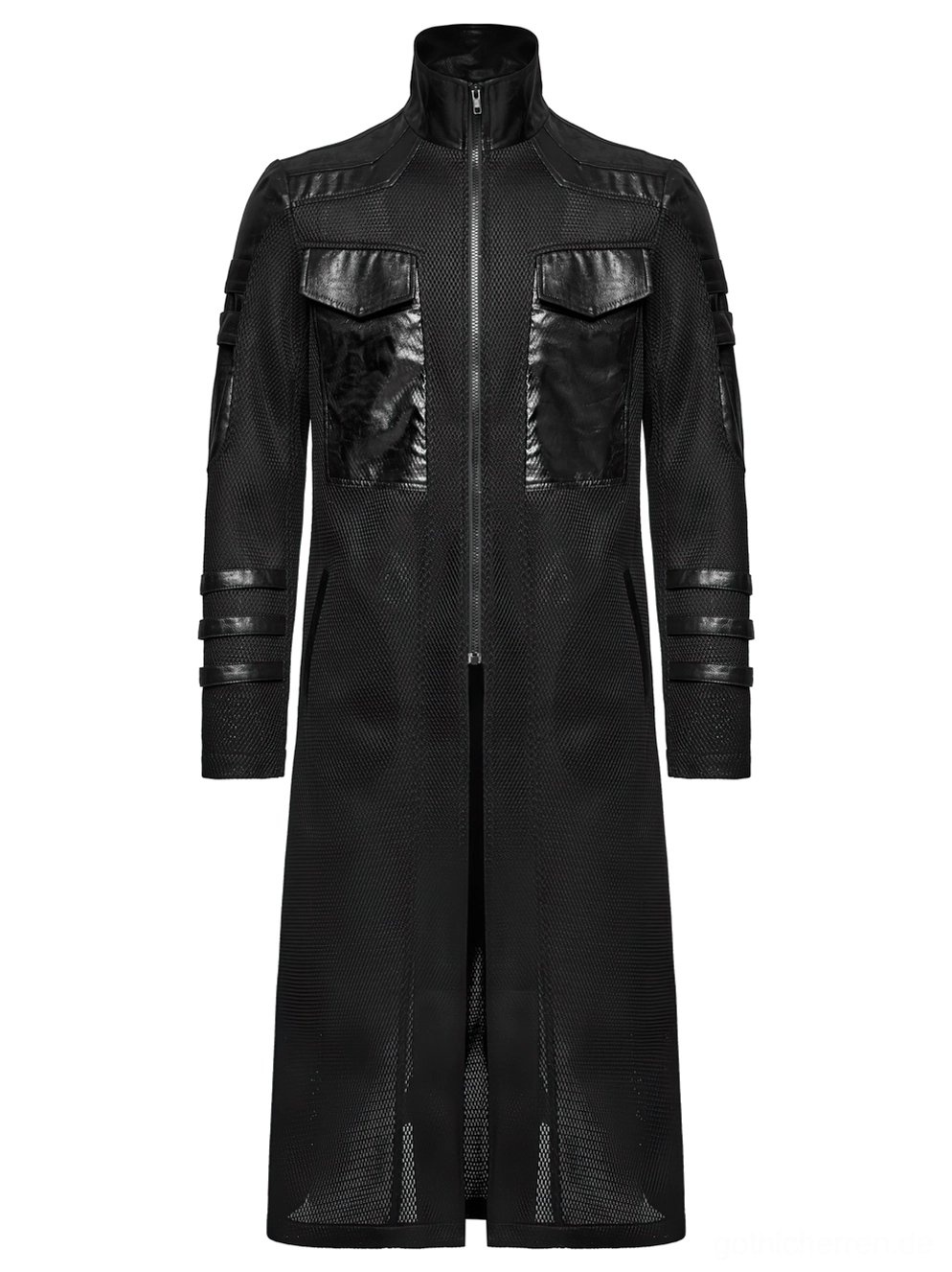 Schwarzer Cyberpunk Tactical Mantel Frontansicht Flachlage zeigt doppelte Leder Brusttaschen vollständigen Reißverschluss und Stand-Kragen Details