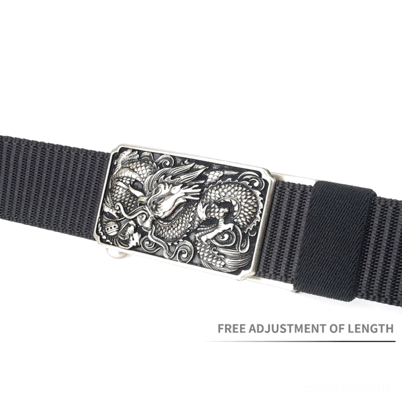 Gothic Taktik-Nylon-Drachengürtel Profilansicht Embossed Dragon Buckle Konstruktion Qualität Embossed Detail Premium
