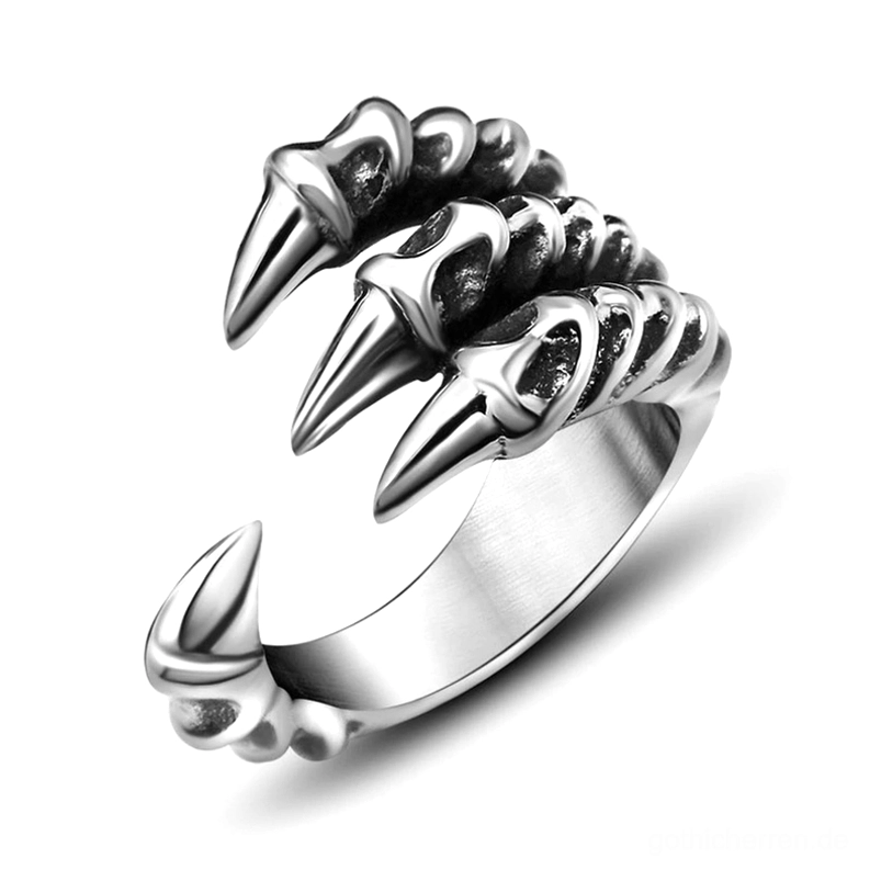 Drachenkralle Gothic Biker Ring Edelstahl linke Vorderansicht mit detaillierter Drei-Krallen-Offenbandkonstruktion und polierter silberner Oberfläche