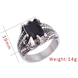 Drachenkralle Gothic Ring Spezifikationen Abmessungen 19mm Bandbreite 14g Gewicht Frontansicht mit Messungsreferenz schwarzer Onyx