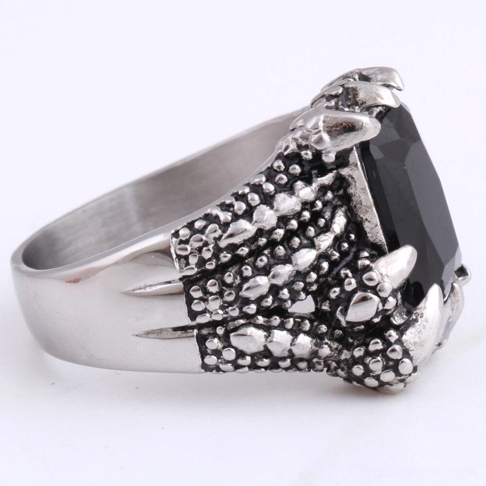 Rückseite rechte Seitenansicht Drachenkralle Gothic Ring Rückseite Krauellendesign polierte Edelstahl Ringschiene glatte Oberfläche