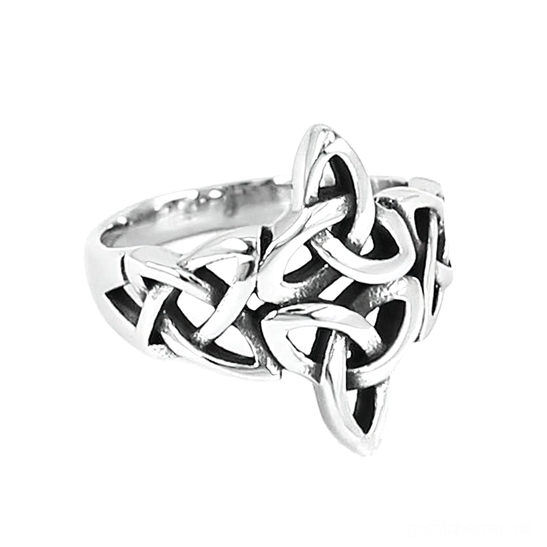 Duales Trinity-Knoten-Gothic-Ring-Seitenprofil mit zwei verschlungenen keltischen Knotensätzen, Edelstahlband mit mehrschichtigem geometrischen Muster