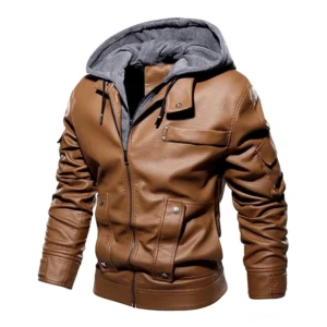 Dunkelbraune PU-Leder-Biker-Jacke für Herren mit abnehmbarer Fleece-Kapuze, Utility-Taschen und Ärmeltaschen, Moto-Design