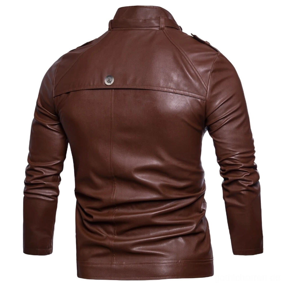 Rückansicht dunkelbraune Gothic-Biker-Jacke mit strukturiertem Stand Collar und dekorativem Rückenknopf - Herren Motorradjacke