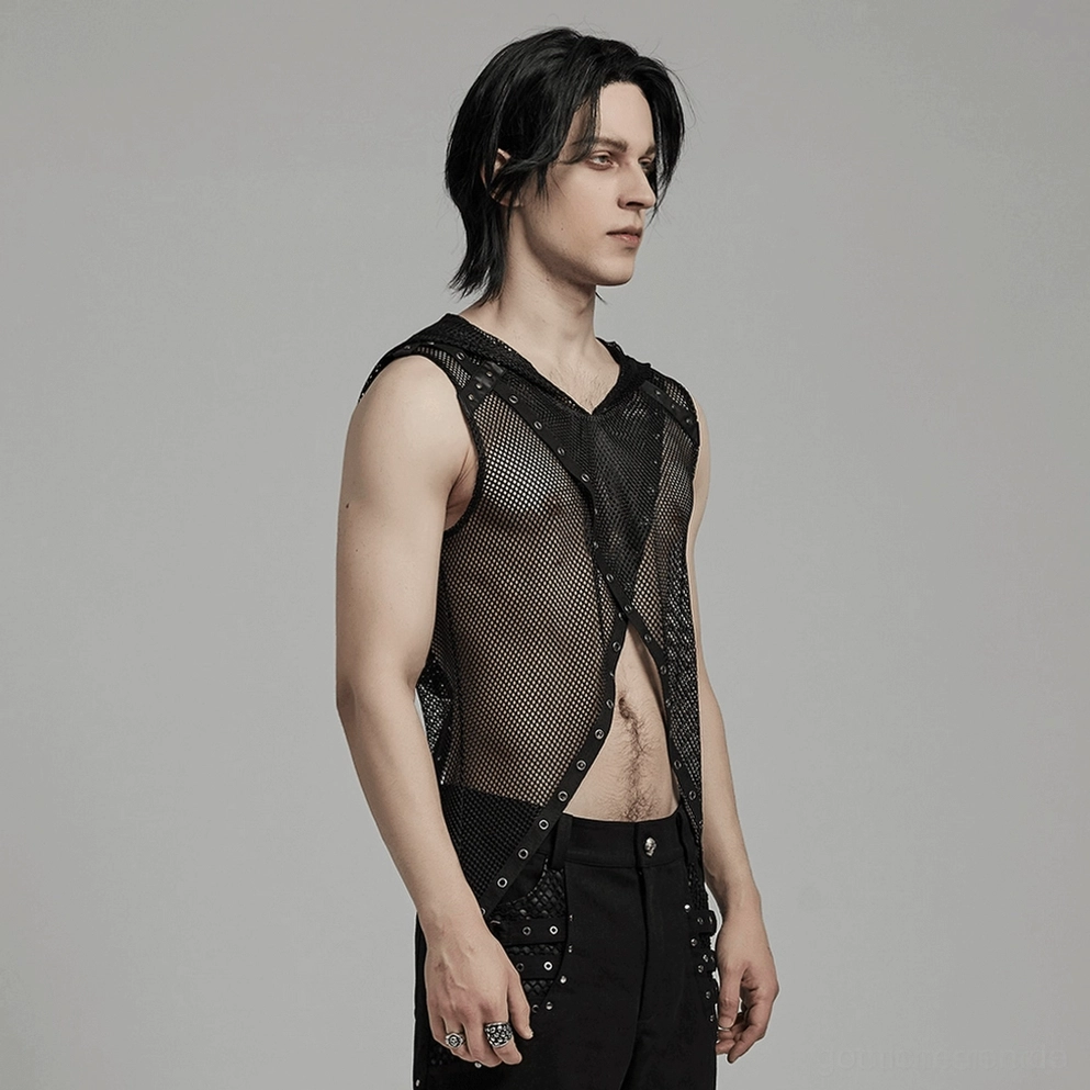 Fishnet-Kapuzenweste komplette Silhouette auf Mannequin volle Körperansicht zeigt asymmetrisches Netzdesign Gesamteindruck