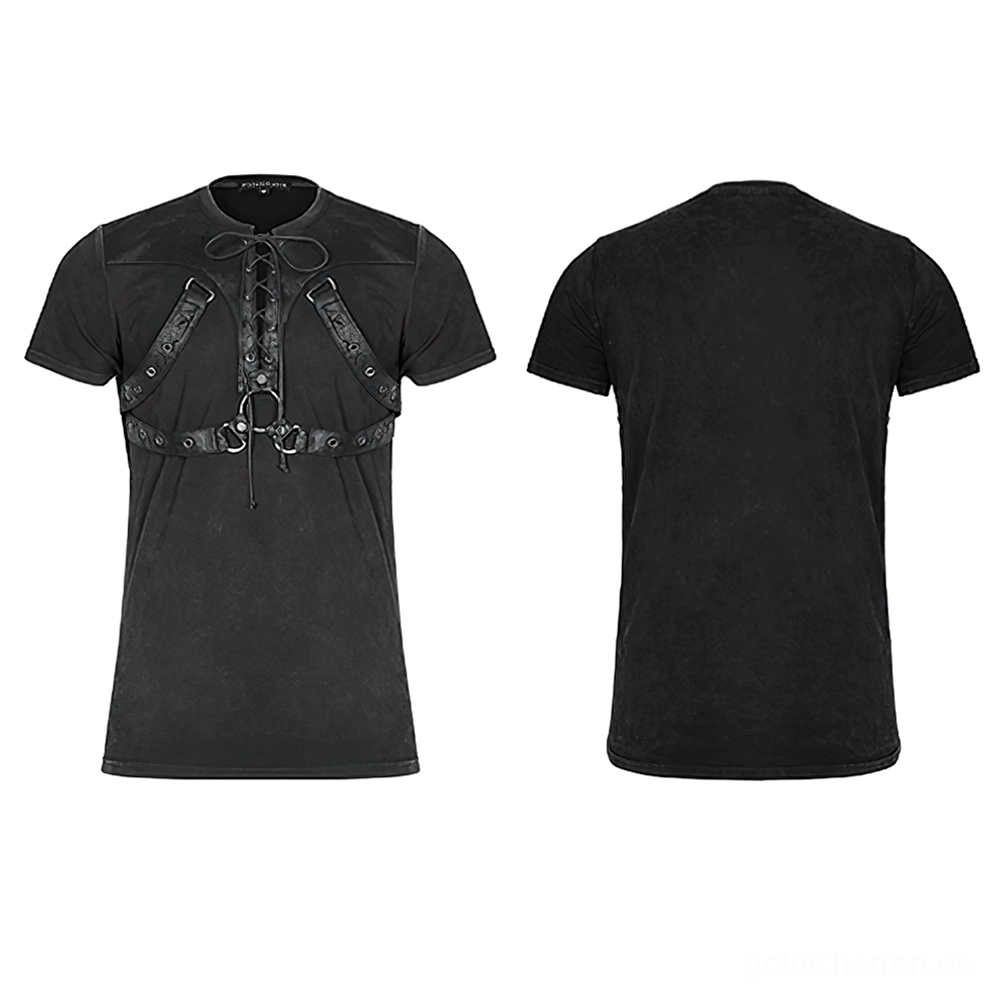 Flatlays gothic Harness T-Shirt schwarz vorne hinten Flachlage ansicht schwarzes Leder Schnürung Seildetails metallisches Hardware