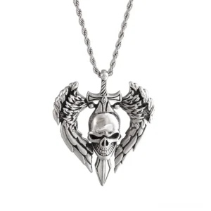 Flügelschädel Anhänger Halskette Draufsicht zeigt intricate Engelsflügel Details und geschnitzte Schädel Design in Silber Edelstahl mit gedrehter Kette