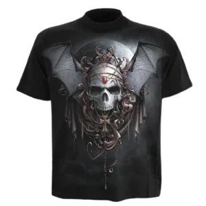 Schwarzes Gothic-T-Shirt mit verziertem gekröntem Totenschädel und Fledermausflügeln 3D-Druck Vorderansicht, Unisex Rundhals Kurzarm Dark Fashion Shirt