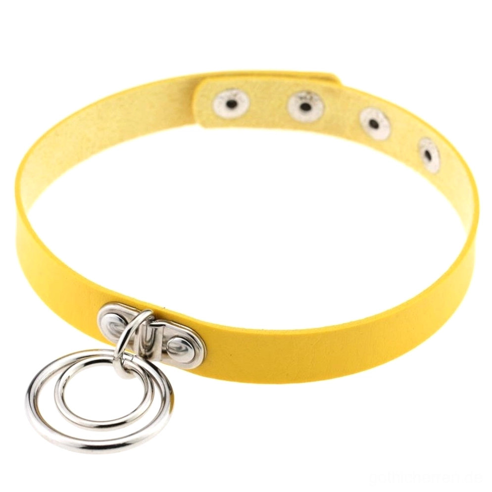 Gelb Gothic Choker Halskette mit dekorativen Metallringen, kühnes PU-Leder Design Statement Schmuck