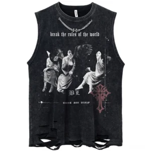 Gothic Angel Muskelshirt für Herren mit Kettendetail, Vorderansicht Flat Lay, zeigt gerissenen Saum und provokatives Engelsgrafik-Print mit rebellischen Texten