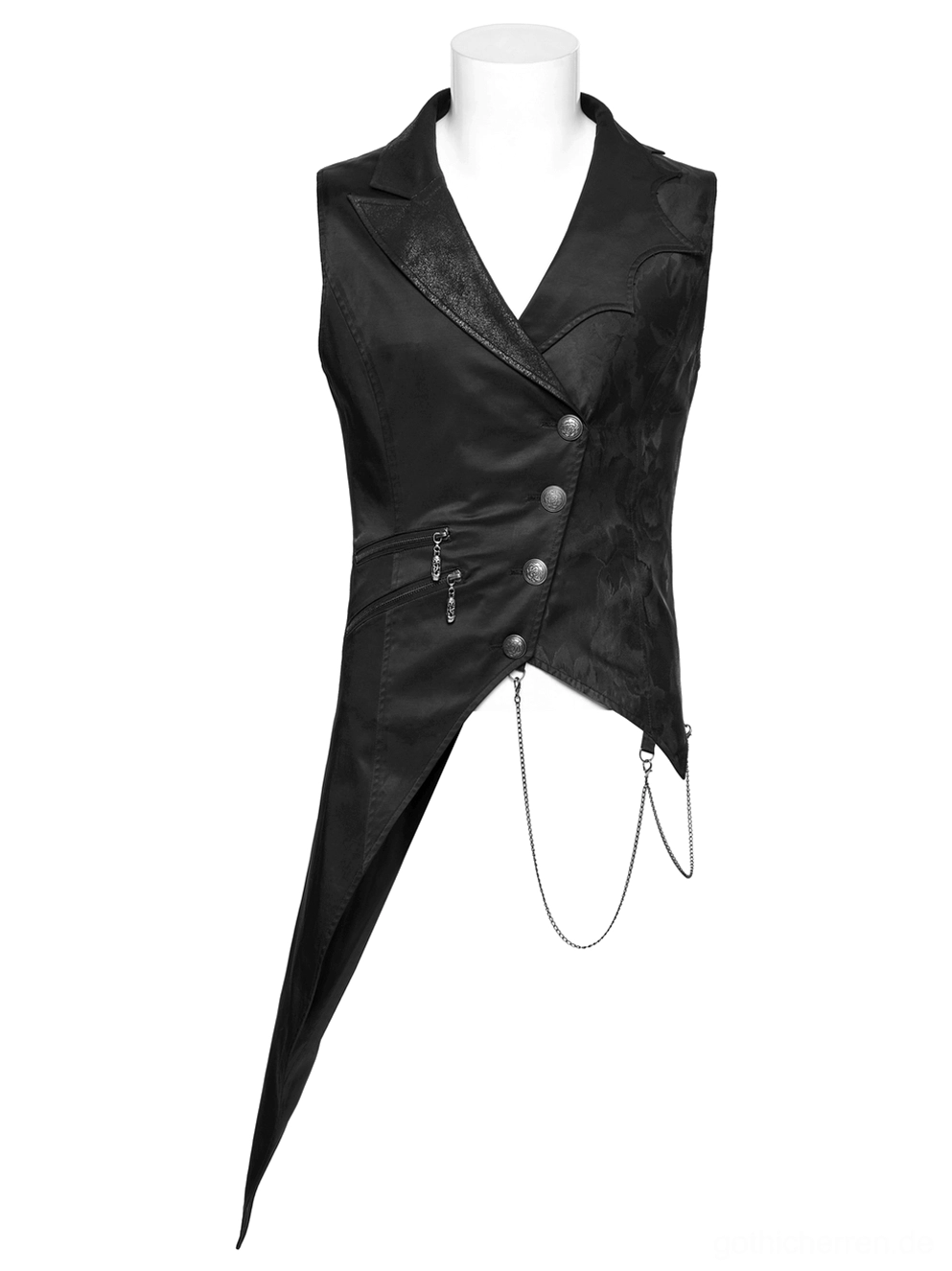 Schwarze Gothic Anzugweste auf Mannequin Frontalansicht mit geschnitzten Metallknöpfen und doppelten Reißverschlusstaschen mit hängenden Kettenanhängern